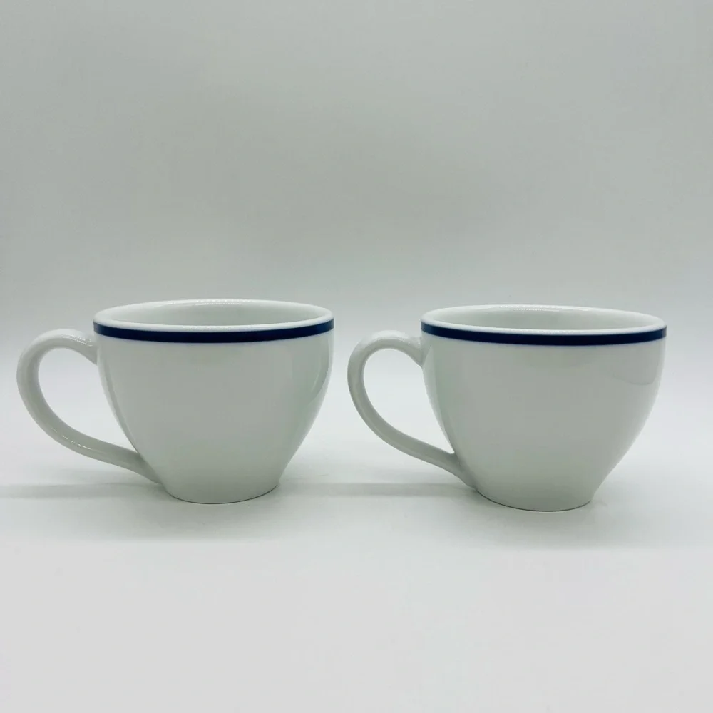 Pottery Barn Set Of 2 White Bistro Mugs with Navy Accent
